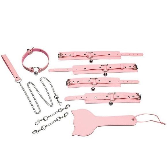 Master Series Accessories - Pink Faux Leather Accessory Set Collar Cuffs Leash Adjustable Cosplay Kit
